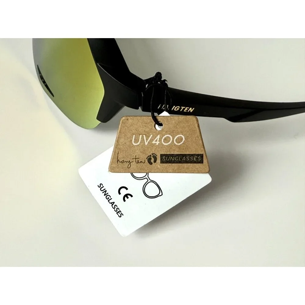 Hang Ten Shield Sunglasses Black Frame Yellow Mirror Lens Sport Unisex 63 16 New